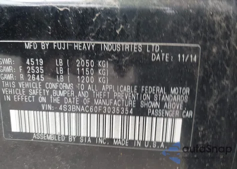 2015 Subaru Legacy 2.5I Premium из США, поврежденный, VIN 4S3BNAC60F3035354